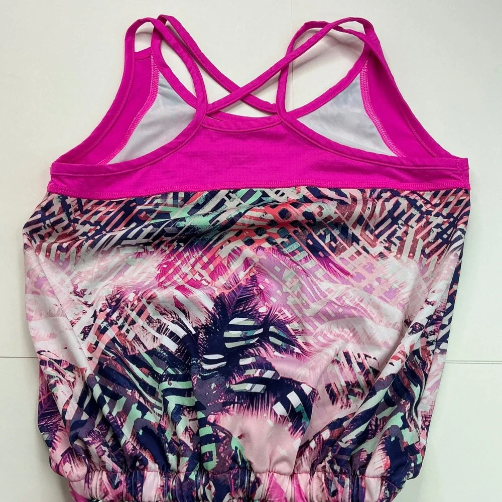 Athletic Works Pink Tropical Romper Kids Sz L 10-12 Crisscross Back AWG29S200BH